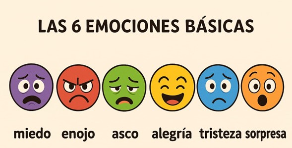 Emociones básicas: miedo, enojo, asco, alegría, tristeza, sorpresa.